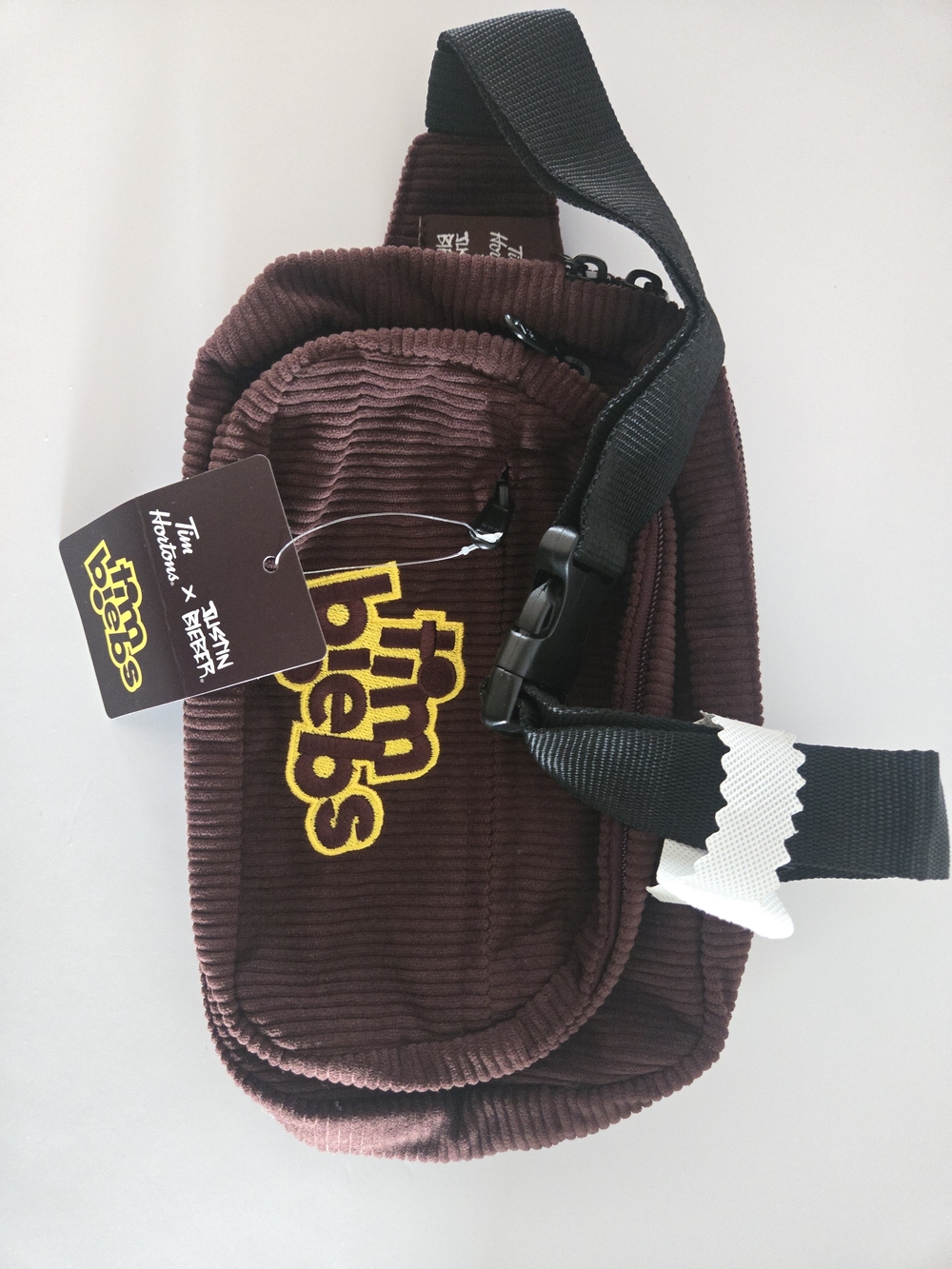 Justin Bieber Timbiebs Corduroy Belt Bag in Deep Brown with Yellow Logo